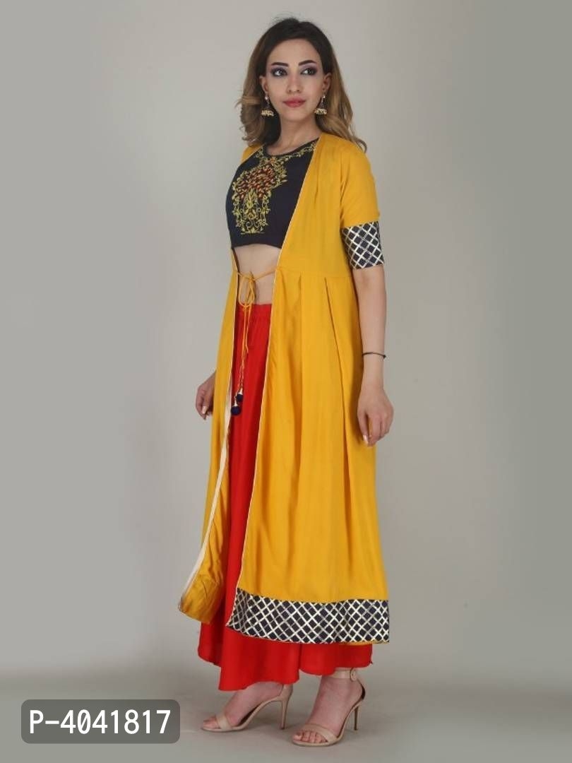 Women's Beautiful Rayon Crop Top Skirt And Shrug Kurta Set