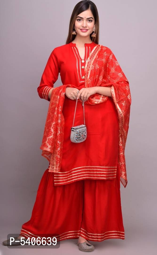 Women Rayon Gotta Work Red Kurta Sharara With Dupatta Set