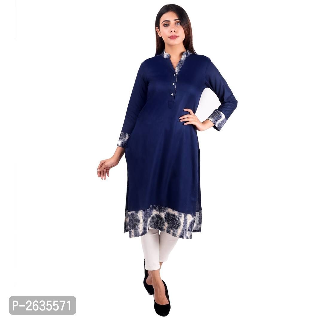 Women's Navy Blue Rayon 3/4th Sleeve Long Kurti