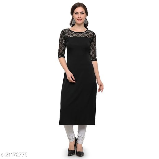 Women Black Poly Crepe Straight Kurta 