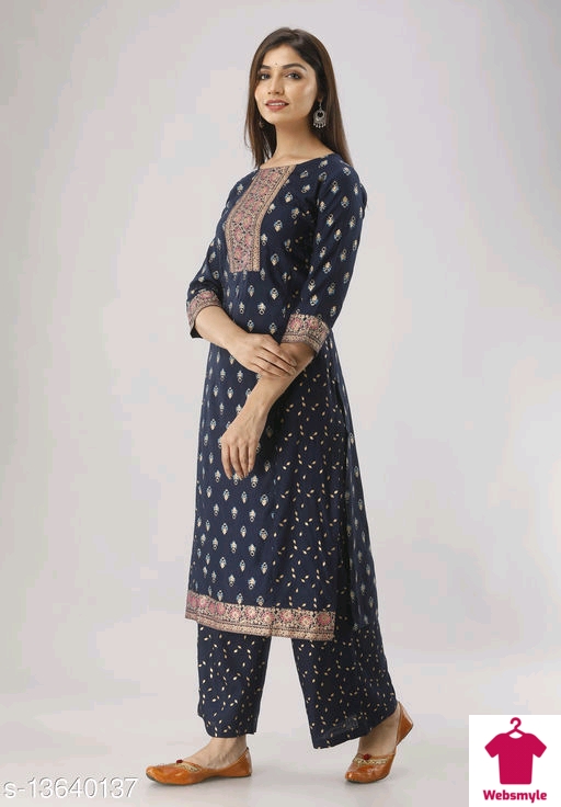 Women Rayon Slub Straight Printed Long Kurti With Palazzos