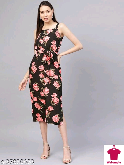 Women Black & Pink Floral Print A-Line Dress With Belt