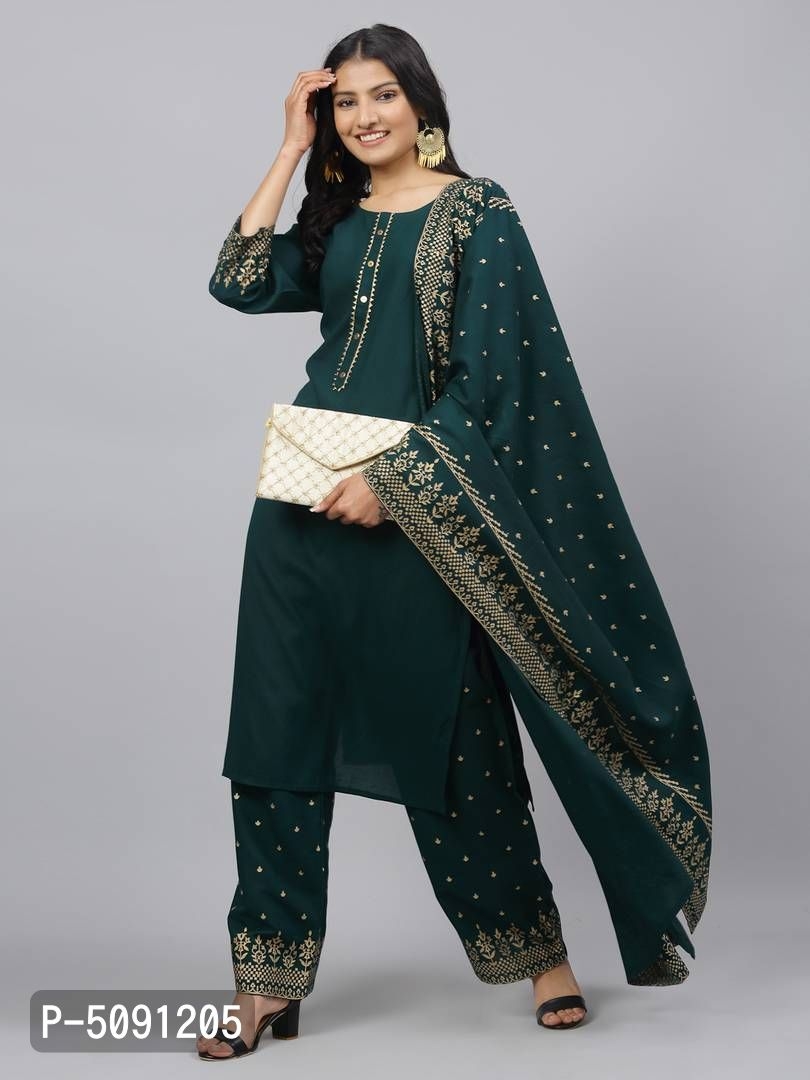   Women's Printed Straight Green Rayon Kurta, Bottom and Dupatta Set