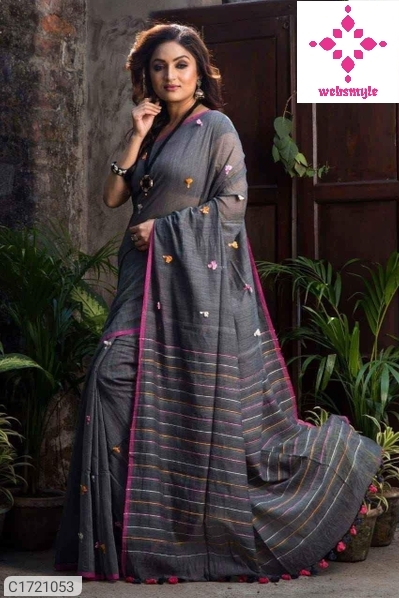 Trendy Thread Work Khadi Cotton Saree With Tassel Border Pallu