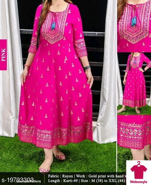Women's Beautiful Anarkali Pattern Gold Print With Hand work Pink Kurti