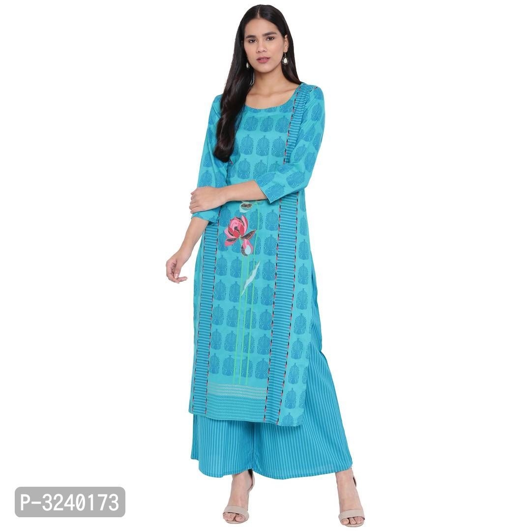 Reliable Turquoise Printed Rayon Straight Women Kurta Palazzo Set