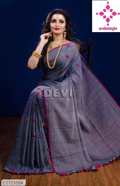 Trendy Thread Work Khadi Cotton Saree With Tassel Border Pallu