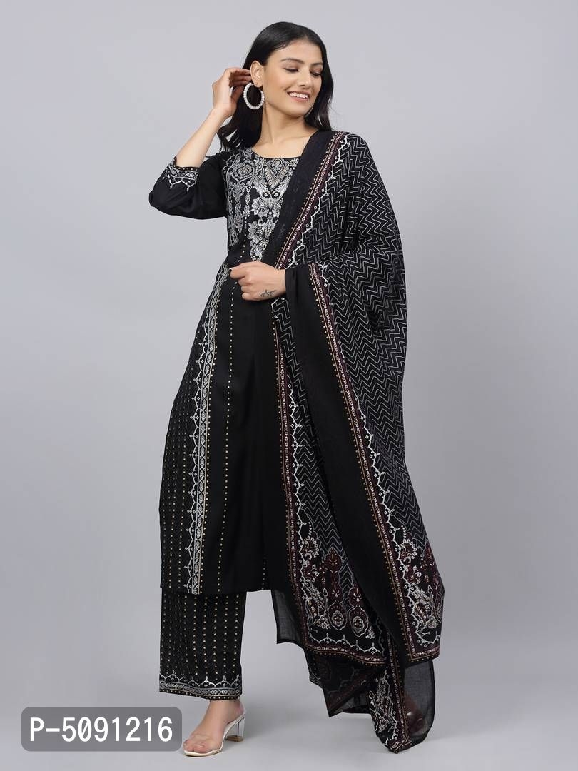 Women's Printed Straight Black Rayon Kurta, Bottom and Dupatta Set