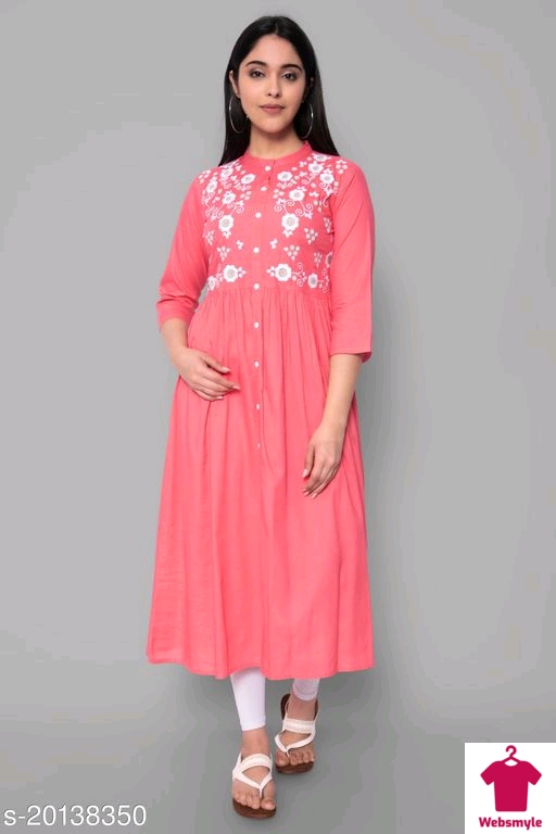 Women Regular Flared  Calf Length Embroidered Rayon Kurtis