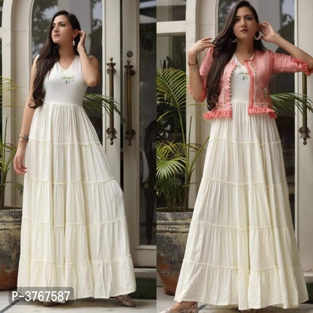 Ravishing White Embroidered Rayon Women Kurti with Jacket