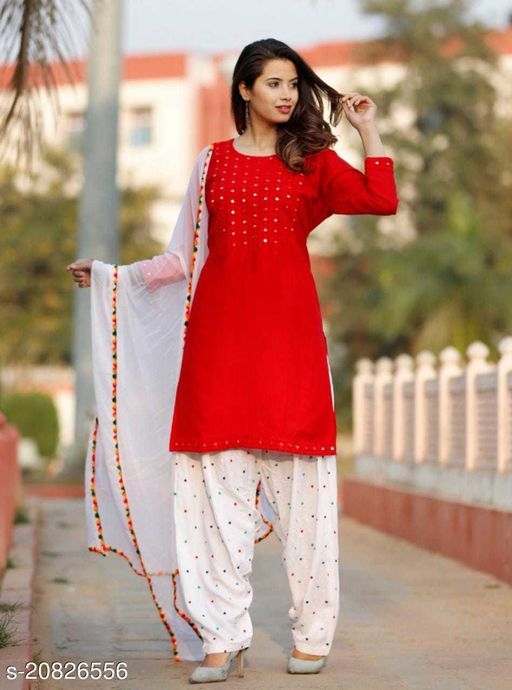 Embroidery and mirror work Red stylish kurti with Patiala Salwar and Dupatta