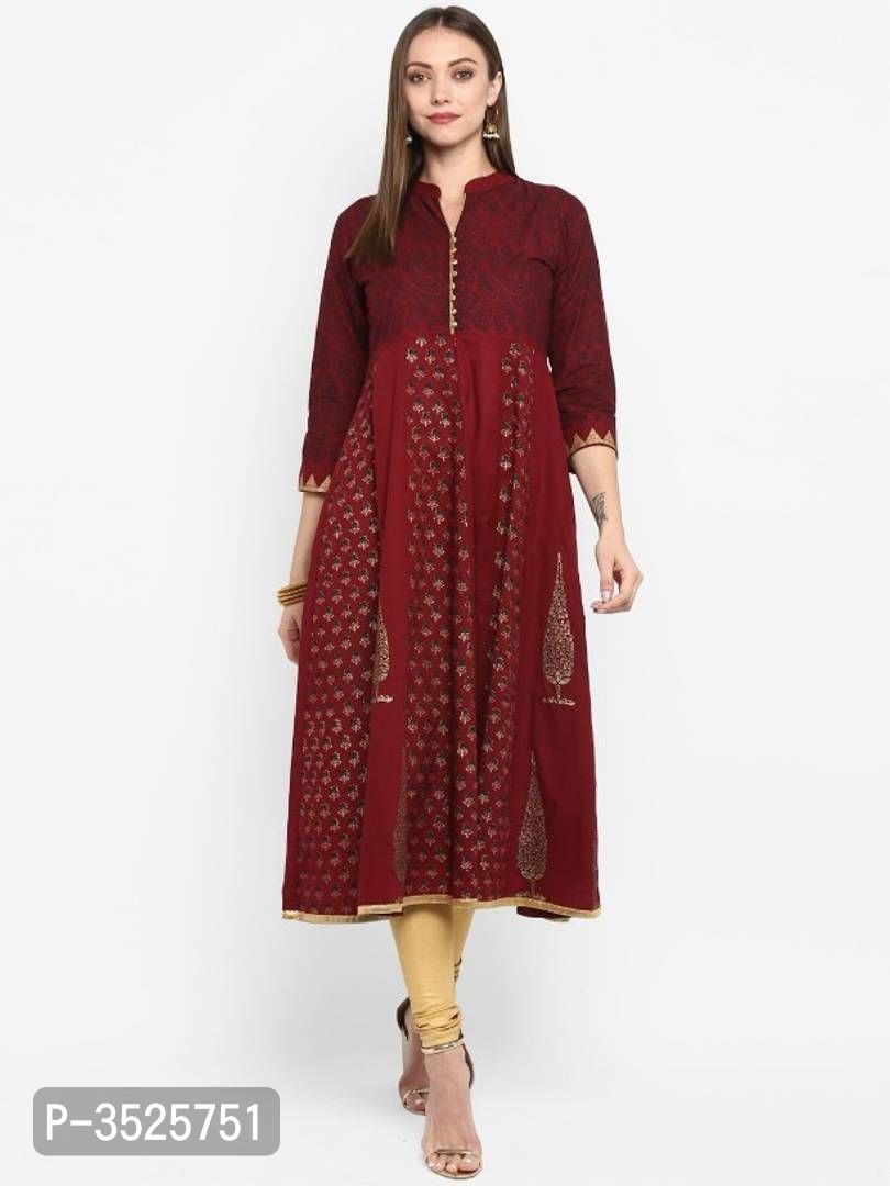 Elegant Maroon Cotton Block Printed Anarkali Kurta
