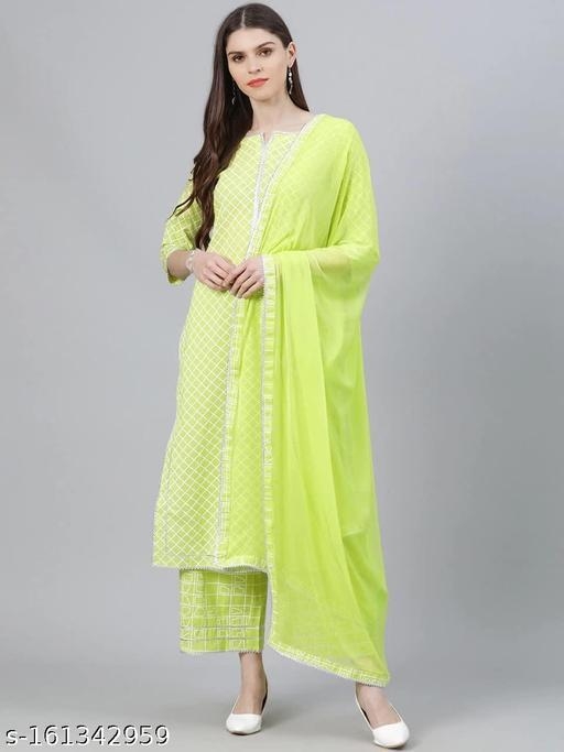 Indira Fashion Women's Cotton Blend Green Kurta with Palazzo & Dupatta