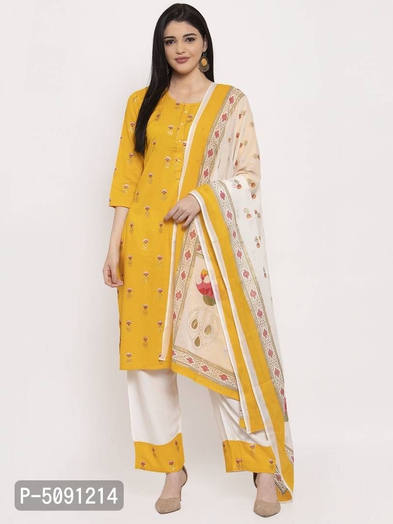 Women's Printed Straight Mustard Rayon Kurta, Bottom and Dupatta Set