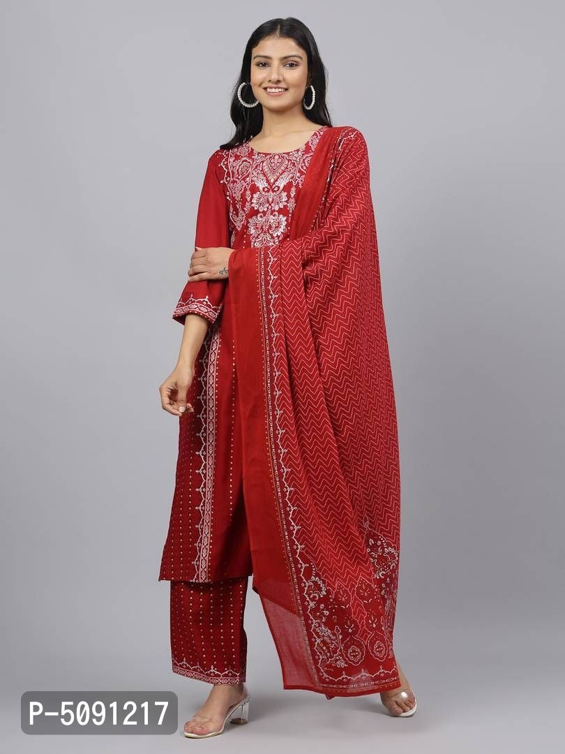 Women's Printed Straight Red Rayon Kurta, Bottom and Dupatta Set