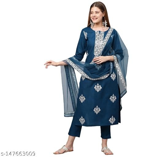Women Teal Green & White Motifs Embroidered Sequinned Kurta with Trousers &  Dupatta Sets
