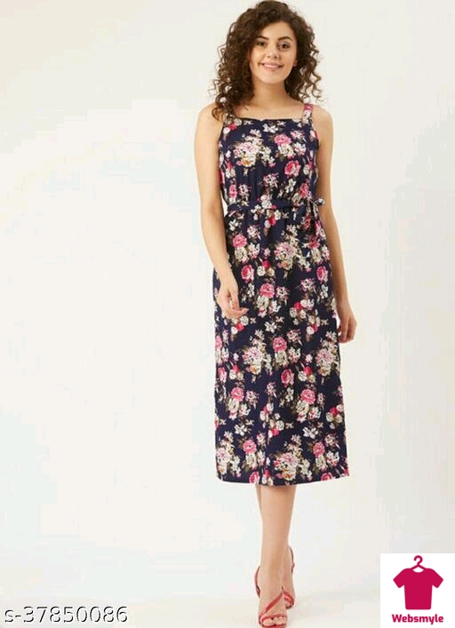 Women Navy Blue & Pink Printed A-Line Dress With Belt