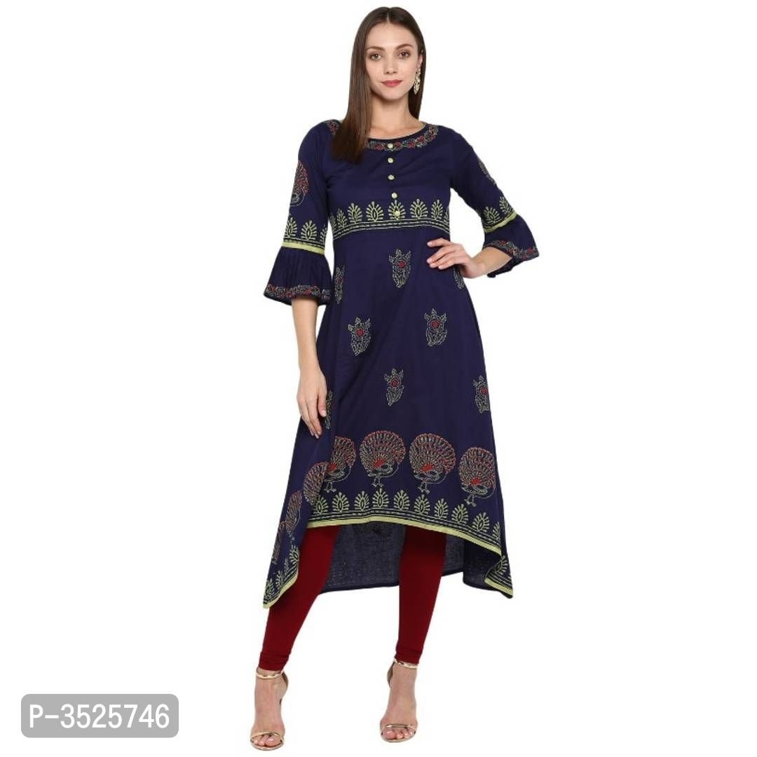 Elegant Navy Blue Cotton Block Printed Anarkali Kurta