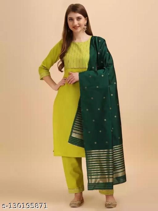 DESIGNER COTTON BLEND KURTI PANT WITH DUPATTA SET FOR WOMEN