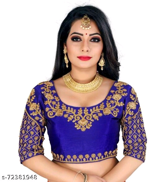 Silk  Blue Colour Botanical Aari Work & Embroidered Round Neck Flared Readymede Stiched Women Blouses (Blue)