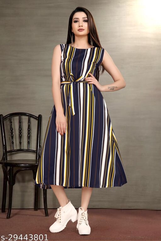 Women Trendy Flared Sleeveless Multicoloured Maxi Dress With Waist Belt