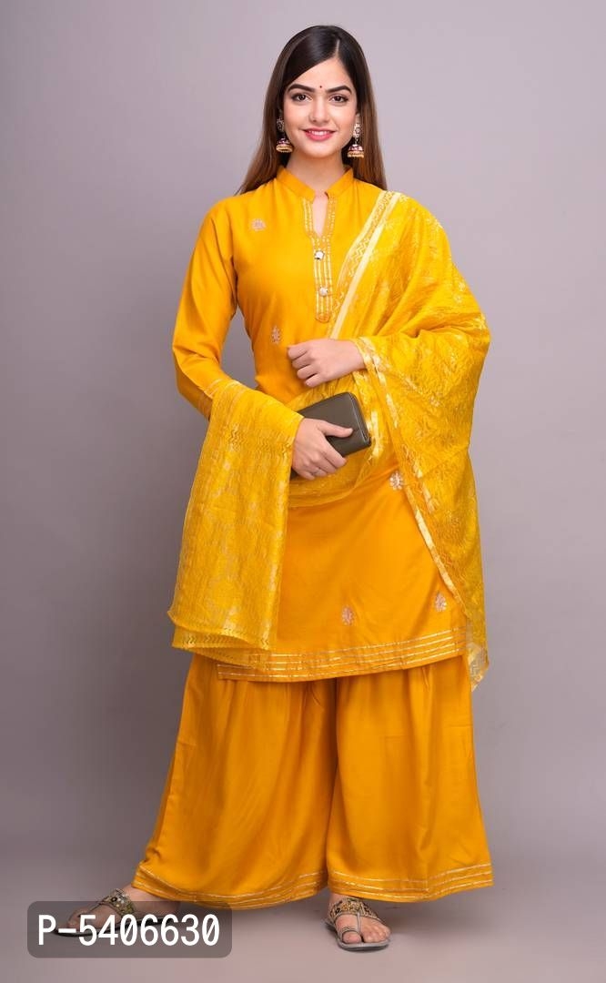 Women Rayon Gotta Work Yellow Kurta Sharara With Dupatta