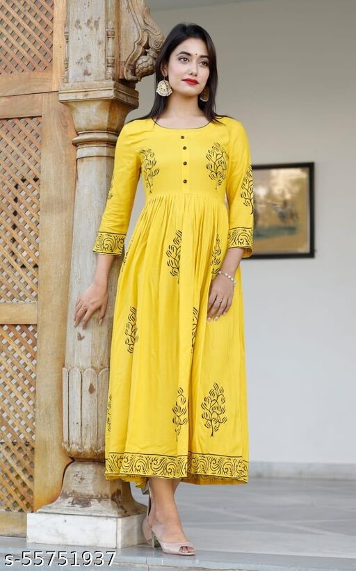 Women Mustard & Black Block Print Detail Anarkali Kurti