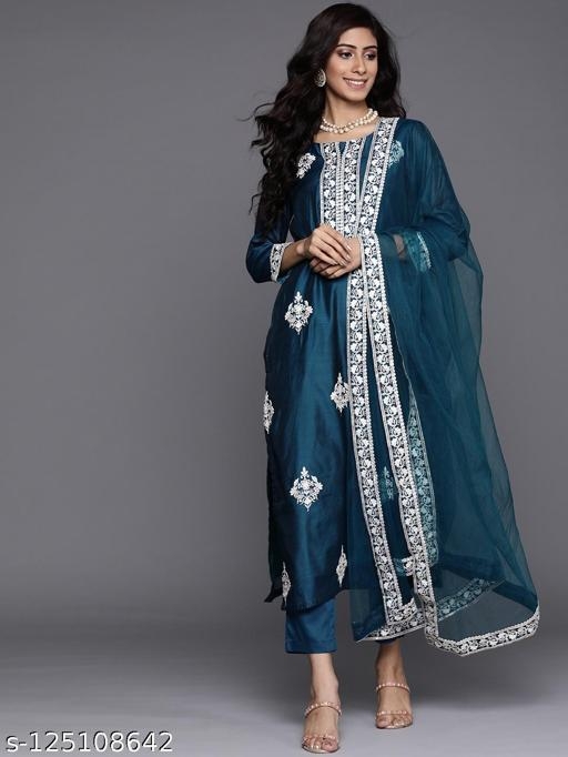 Women Teal Green & White Motifs Embroidered Sequinned Kurta with Trousers & Dupatta