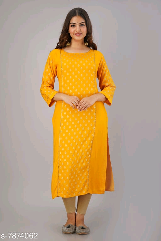Women Rayon A-line Printed Yellow Kurti