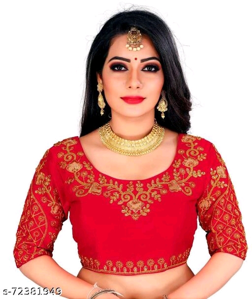  Silk Red Colour Botanical Aari Work & Embroidered Round Neck Flared Readymede Stiched Women Blouses (Red)