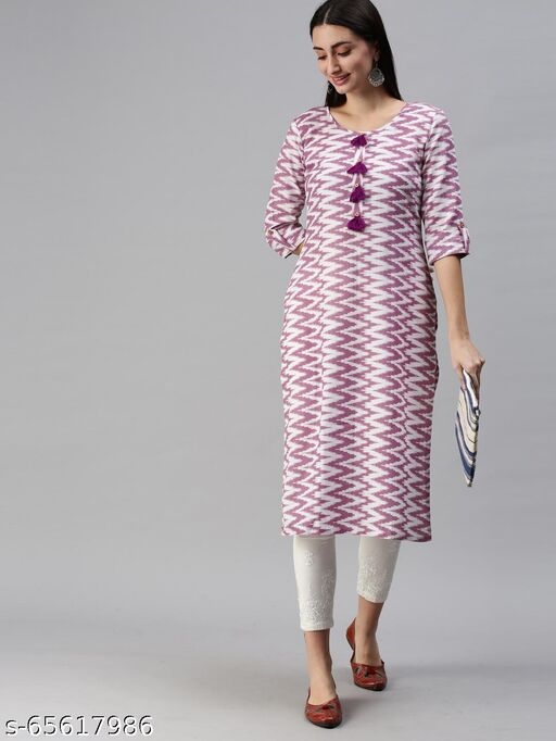 Shewill Lavender Geometric Ikat Printed Roll Up Sleeve Cotton Straight Kurta