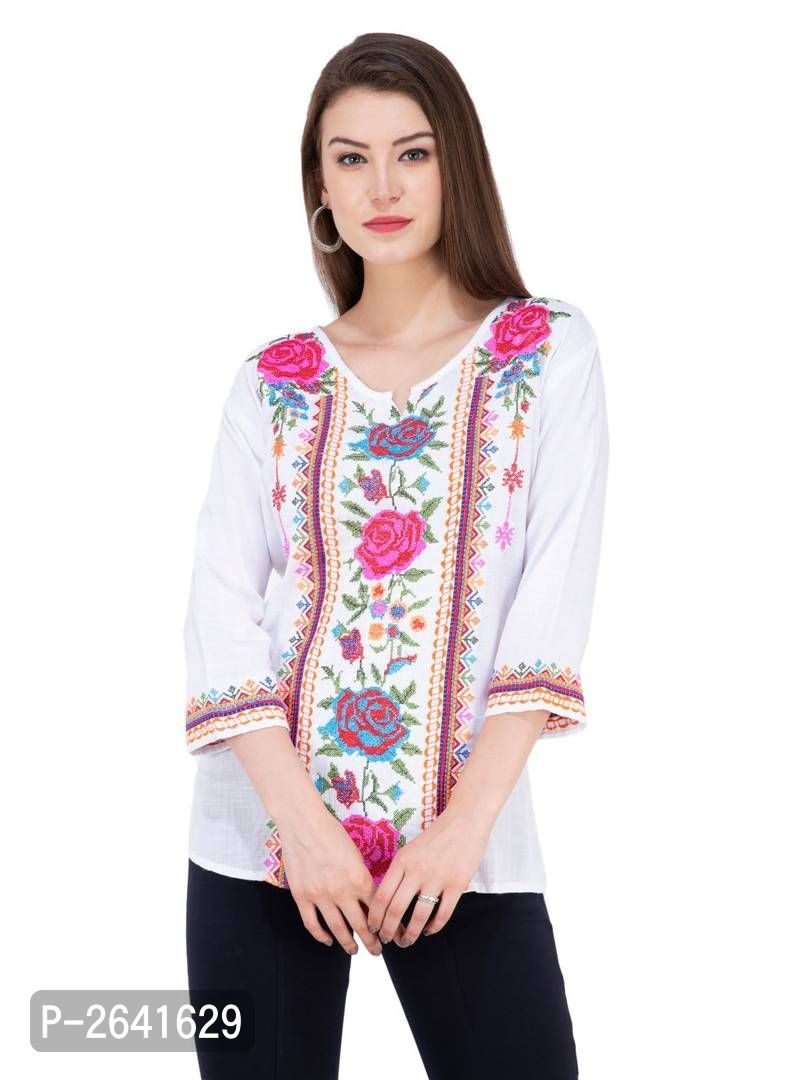 Women's Rayon White Embroidered Top
