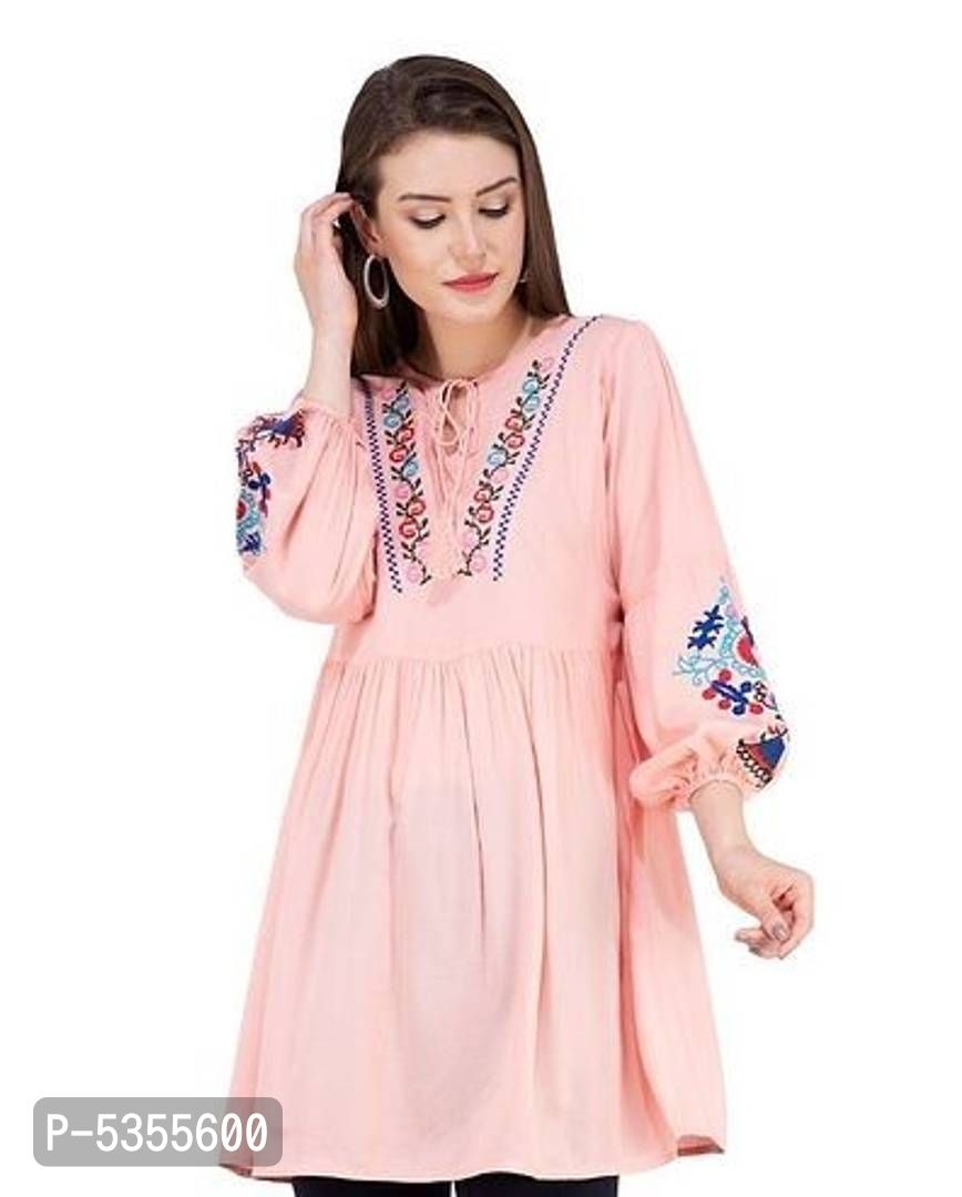 Women Rayon Pink Embroidered Tunic Top