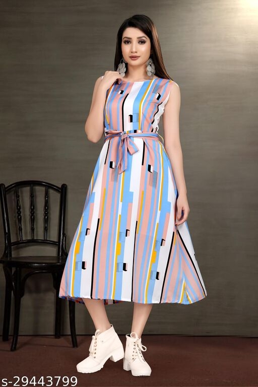 Women Trendy Flared Sleeveless Multicoloured Maxi Dress With Waist Belt