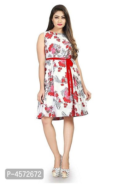 Women's Knee Length Printed White Crepe A-Line Dress