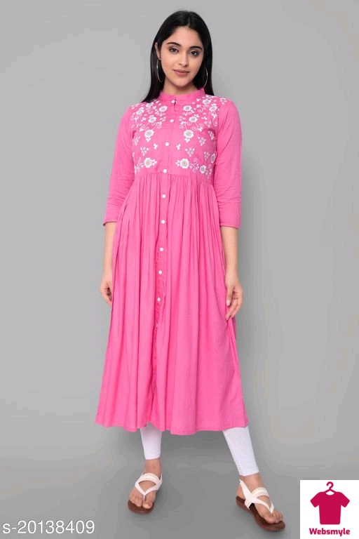 Women Regular Flared  Calf Length Embroidered Rayon Kurtis