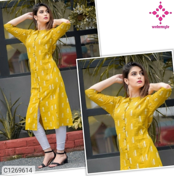 Latest A line Cotton Slub Floral Print Kurti With 3/4th Sleeves