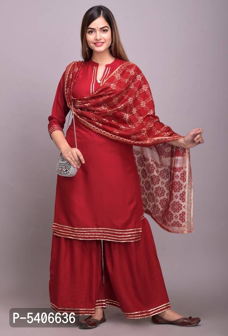 Women Rayon Gotta Work Maroon Kurta Sharara With Dupatta Set