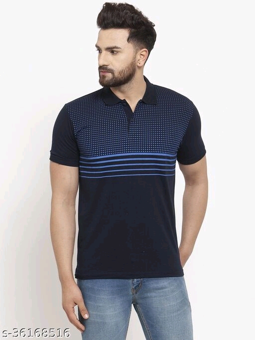 Gents Collar Front Printed Blue Half Sleeves Tshirt