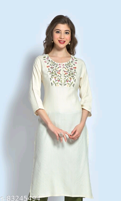 Women's Viscose Rayon Embroidered Straight KurtI (Off White)