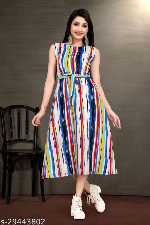 Women Trendy Flared Sleeveless Multicoloured Maxi Dress With Waist Belt