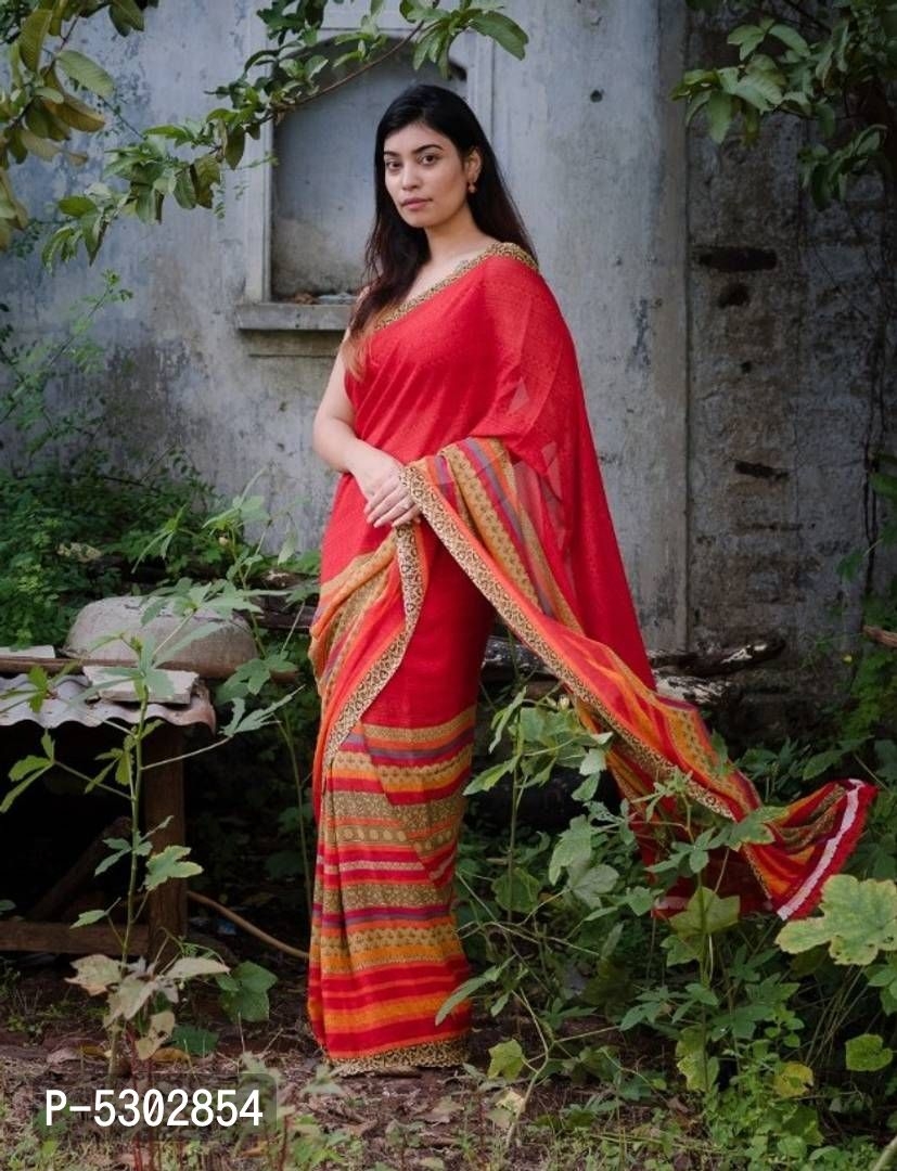 Red Daily Wear Printed Georgette Saree with Blouse Piece