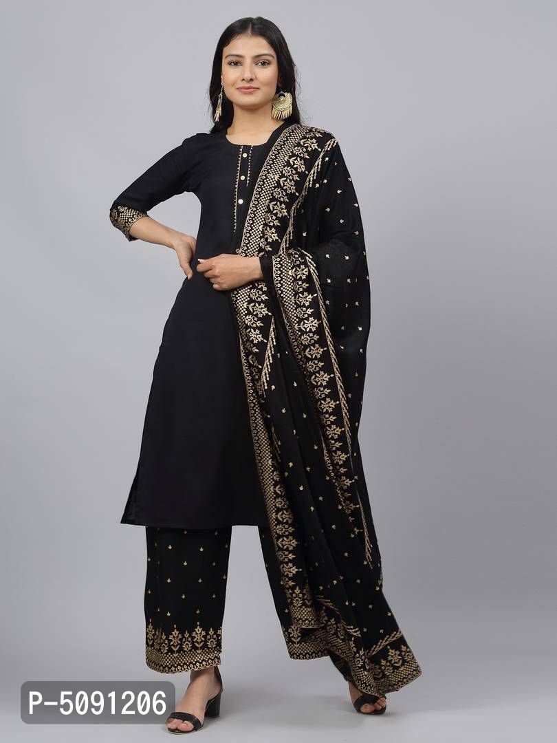 Women's Printed Straight Black Rayon Kurta, Bottom and Dupatta Set