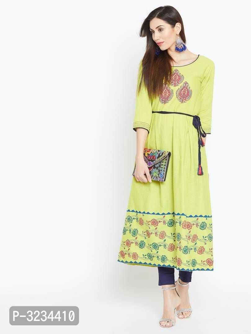 Reliable Green Printed Cotton A-Line Women's Kurti