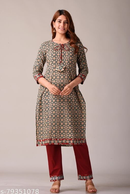 Kannahi Women's Green Cotton Ajrak Print Straight Kurta