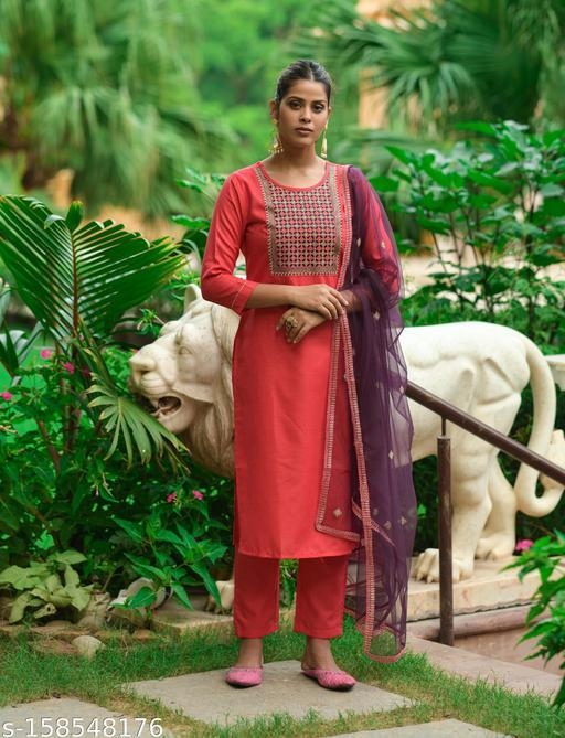 NAIXA Women's Cotton Blend Embroidered Straight Kurta With Pant and Dupatta Set (Gajri) 