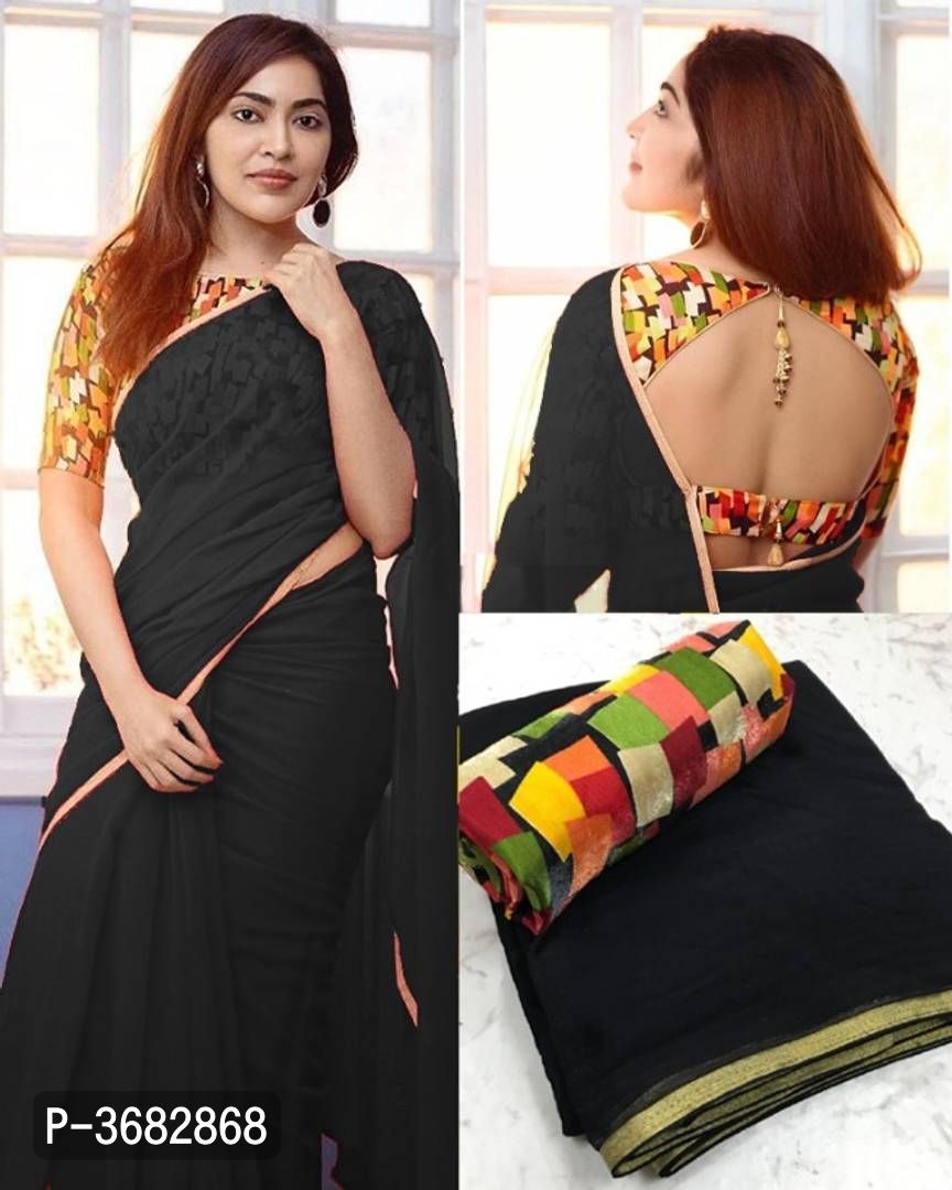 Georgette Golden Patti Saree With Printed Blouse