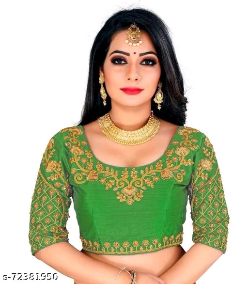 Silk  Green Colour Botanical Aari Work & Embroidered Round Neck Flared Readymede Stiched Women Blouses (Green)
