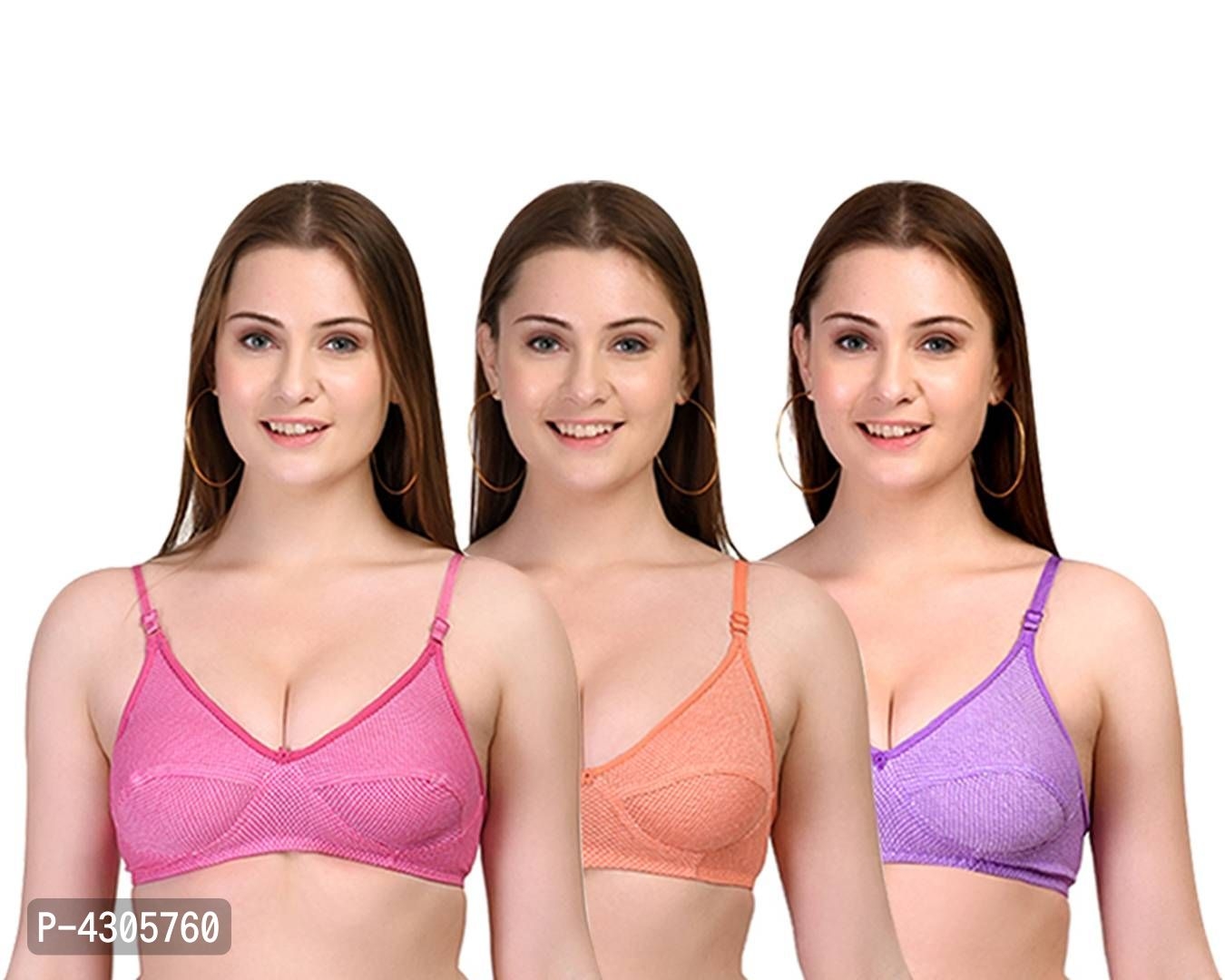 Women's Regular Wear Multicoloured Solid Cotton Basic Bras (Pack of 3)