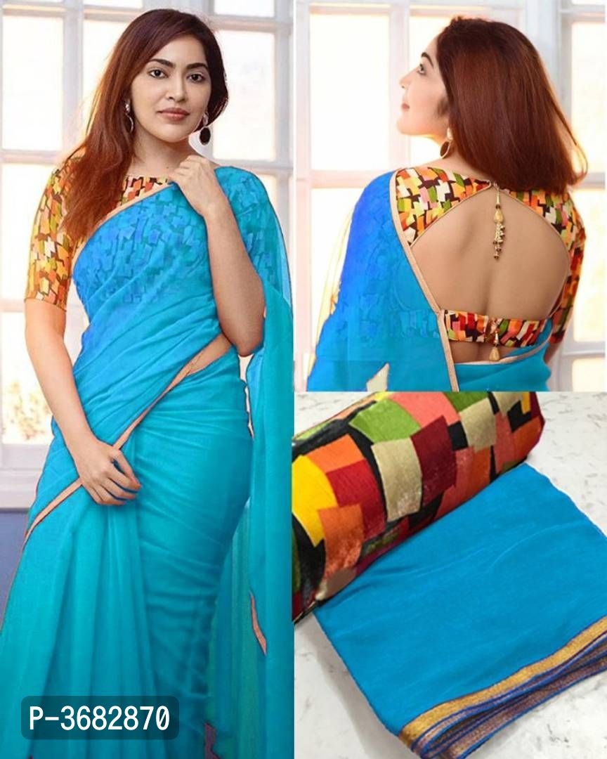 Beautiful Georgette Golden Patti Saree With Printed Blouse piece